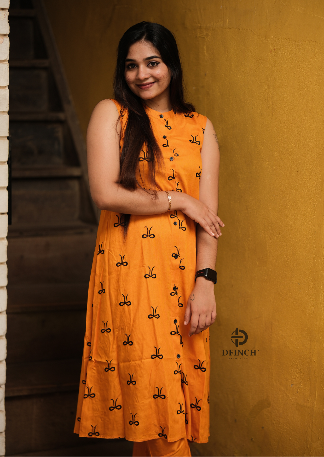 Mustard Printed Sleeveless Kurti Set | Button Neck Style