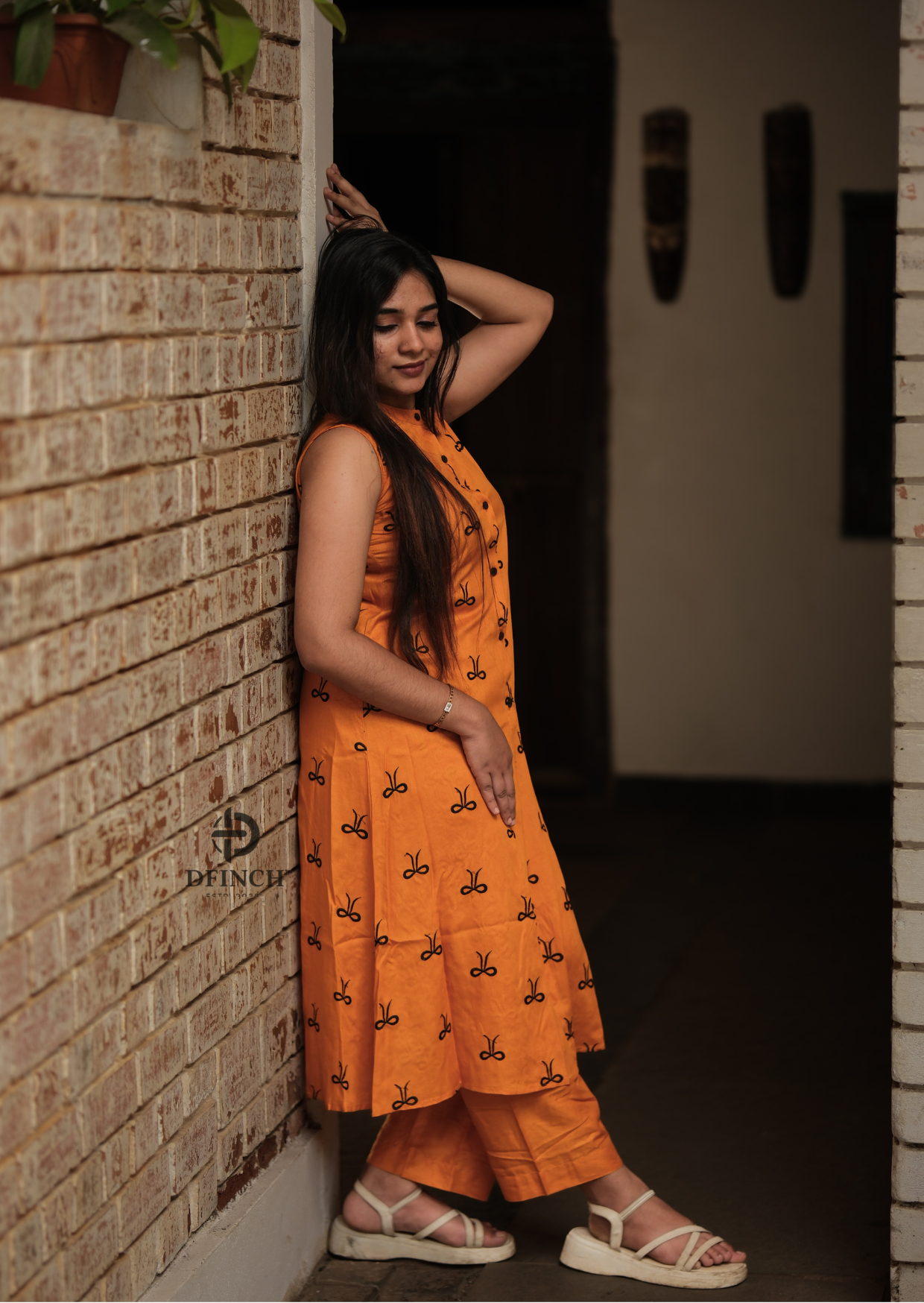 Mustard Printed Sleeveless Kurti Set | Button Neck Style