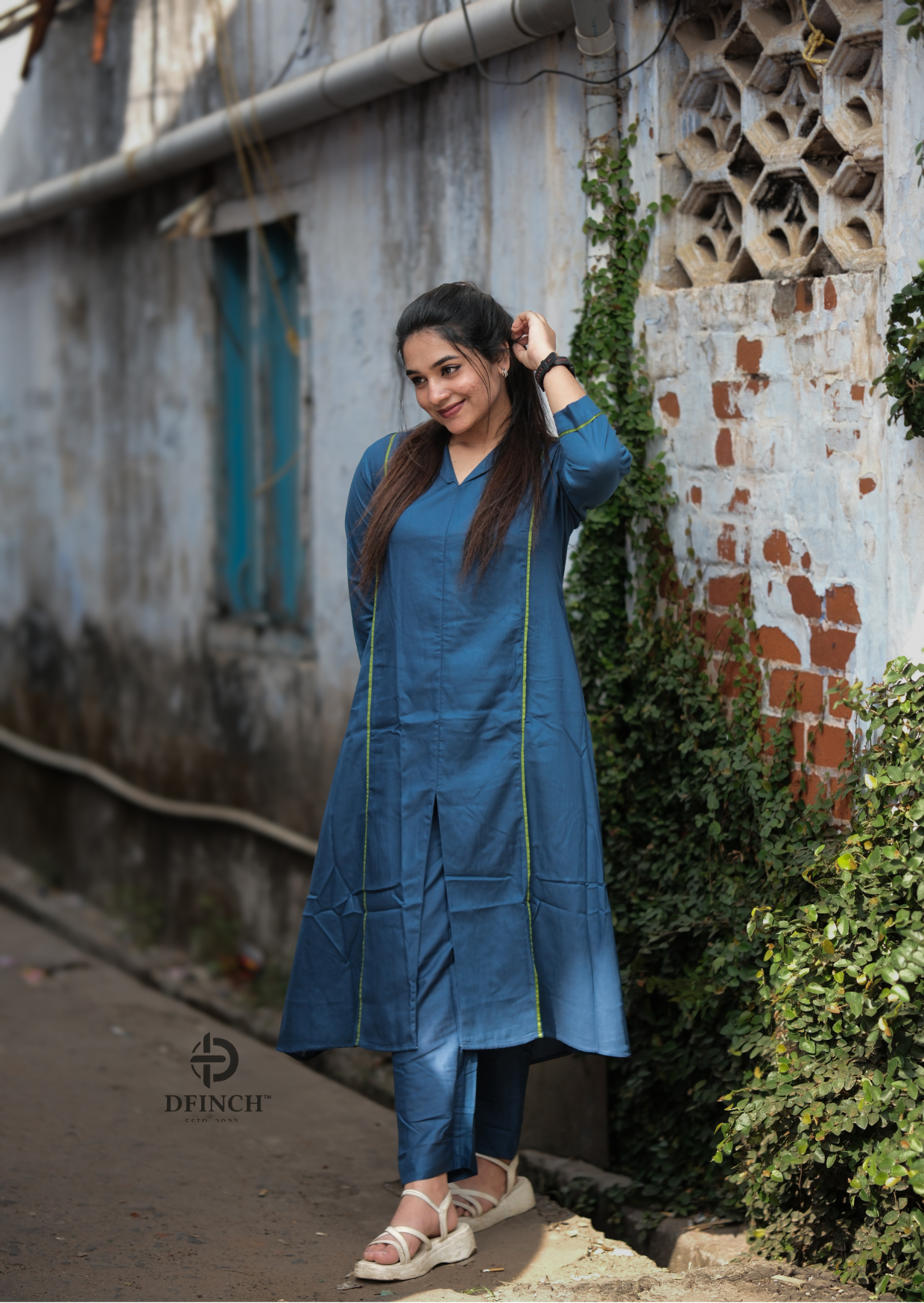 Simple Solid Blue Straight Kurti Set for Women | Dfinch