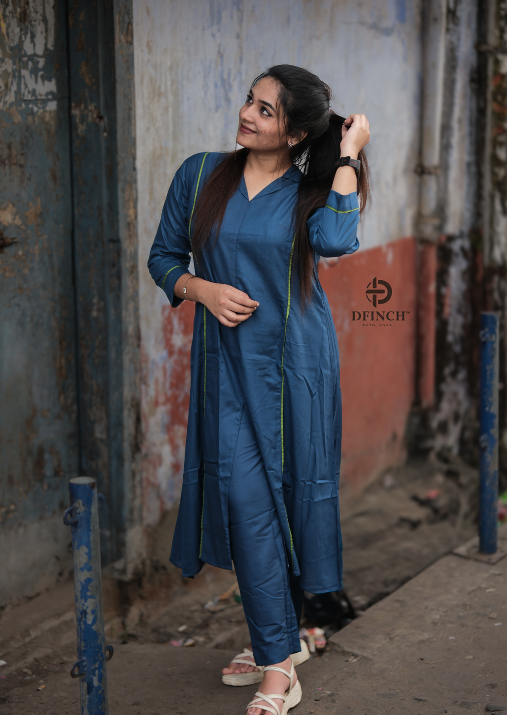 Simple Solid Blue Straight Kurti Set for Women | Dfinch